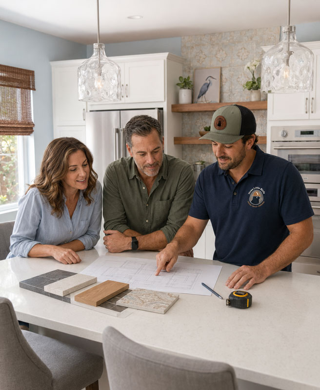 Homeowners reviewing remodeling plans and material selections.